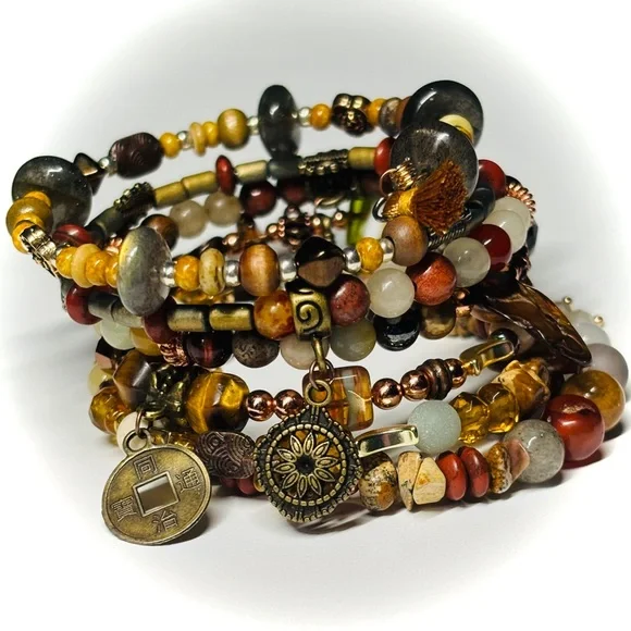 🆕 OOAK Bohemian Bead Mix Memory Wire Wrap Bracelet — Semi Precious Gemstone